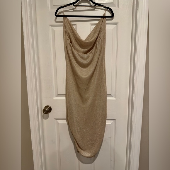 NWT PrettyLittleThing Gold Satin Cowl Neck Ruched Bodycon Mini Dress - Picture 4 of 8